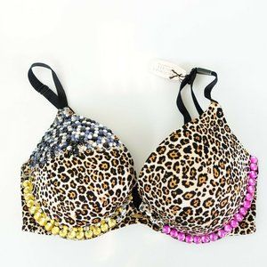 VICTORIA'S SECRET Brown Push Up Bra 32DD Padded‎ Leopard Rhinestone Fabulous